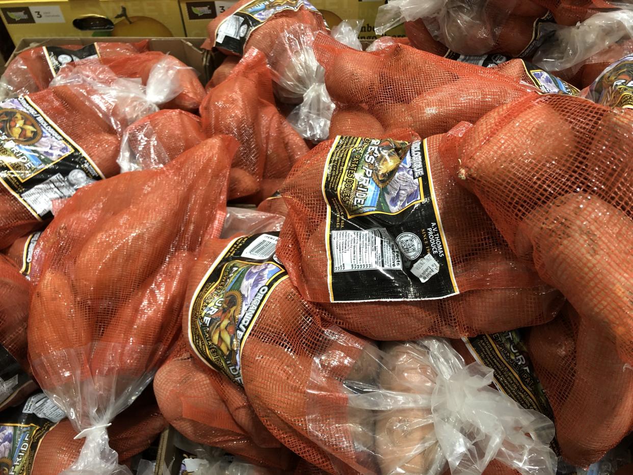 Bags of organic sweet potatoes from Costco