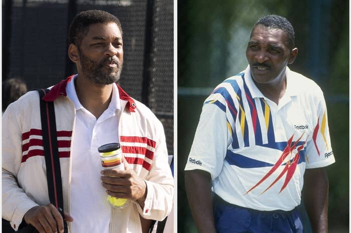 Will on the left wearing a striped training jacket and a can of tennis balls on the left and Richard in a Reebok shirt on the right