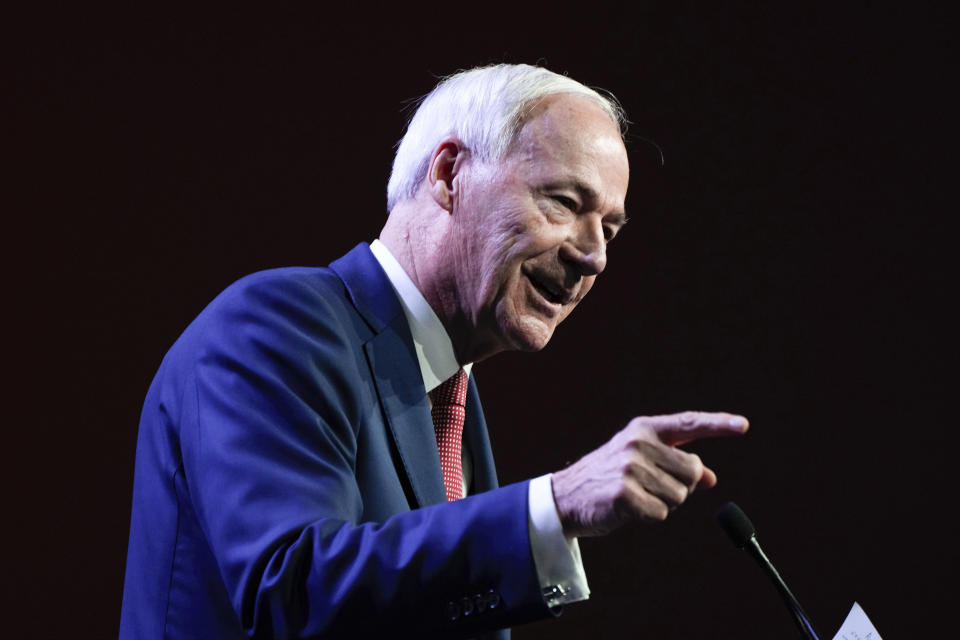 Republican presidential candidate former Arkansas Gov. Asa Hutchinson speaks at the Republican Party of Iowa's 2023 Lincoln Dinner in Des Moines, Iowa, Friday, July 28, 2023. (AP Photo/Charlie Neibergall)