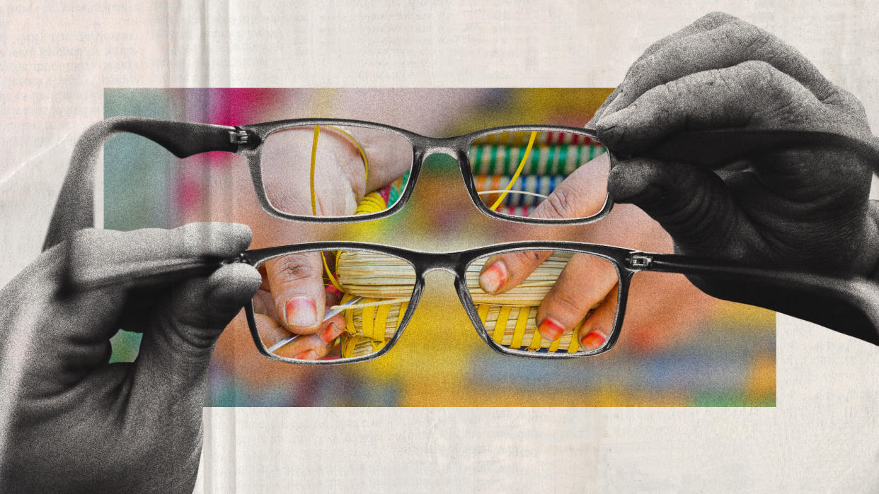  Photo collage of hands holding two pairs of glasses in front of the viewer over a blurred background. Through the lenses, fragments of the background photo are visible, revealing a woman's hands weaving a colourful basket. 