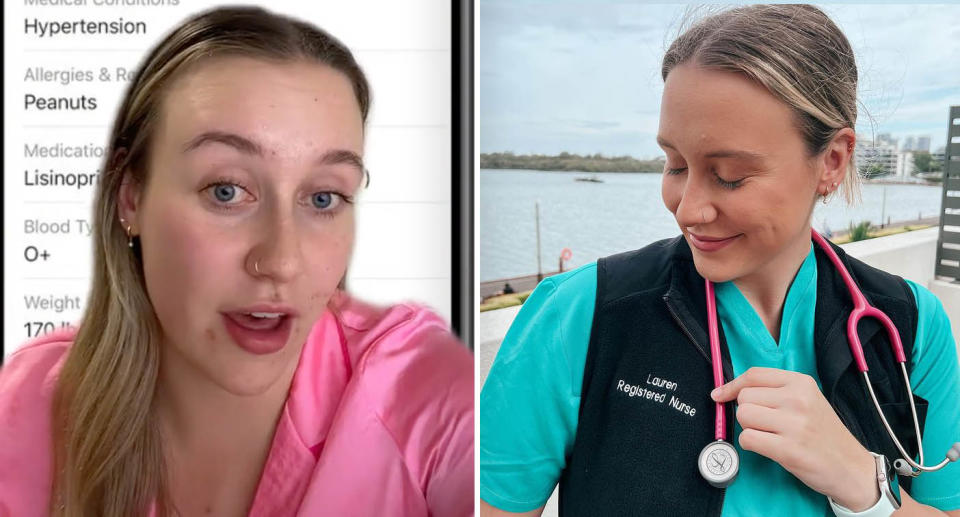 A photo (left) of a Sydney nurse on TikTok explaining the importance of having a medical ID on your phone. Another photo (right) of the nurse Lauren wearing her nurse uniform.