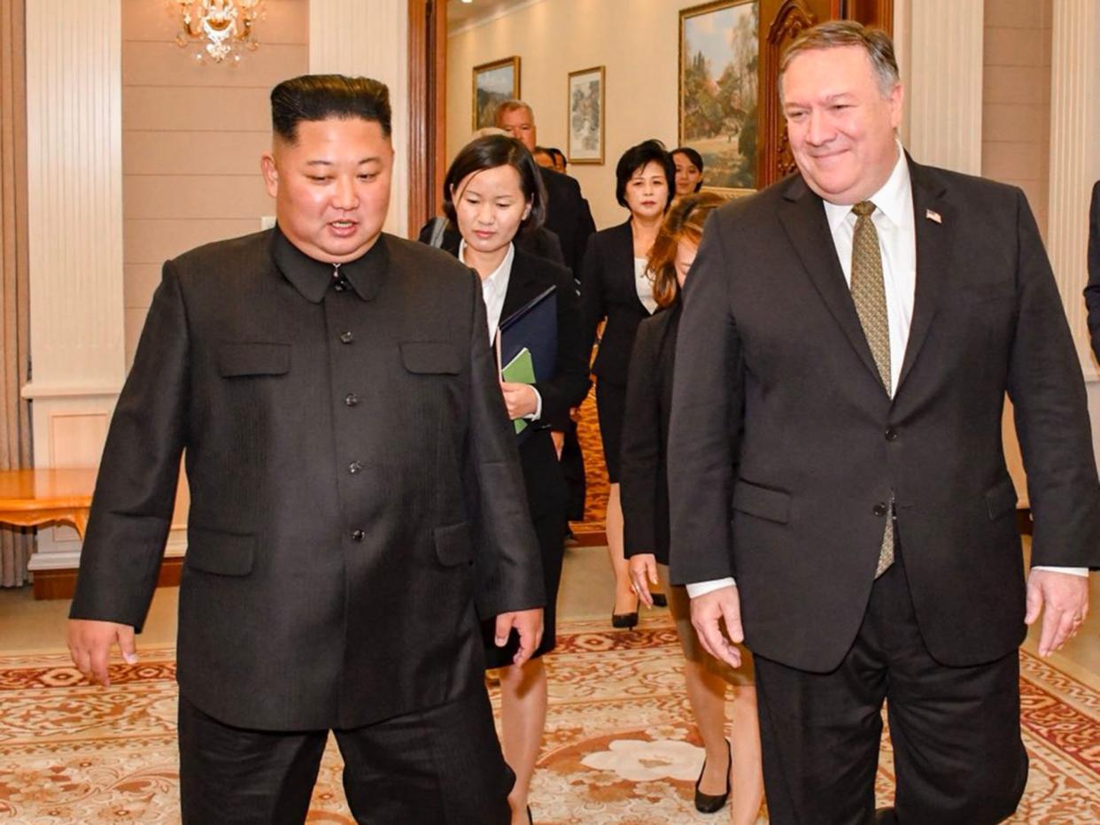 Mr Pompeo posted a photo on Twitter of himself walking along with Mr Kim during the Pyongyang visit: Twitter