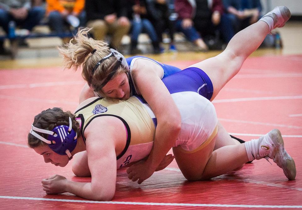 Freshman Mallory Winner competes for Jay County girls wrestling during a meet at Jay County High School.