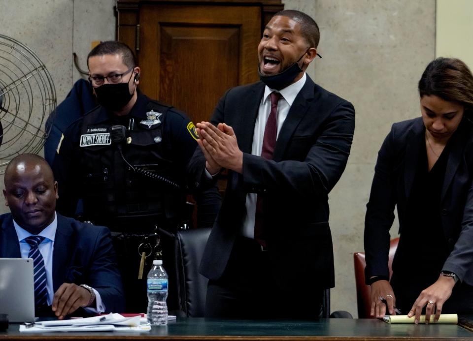 Actor Jussie Smollett speaks to Judge James Linn after his sentence is read at the Leighton Criminal Court Building, Thursday, March 10, 2022, in Chicago. Smollett maintained his innocence during his sentencing hearing Thursday after a judge sentenced the actor to 150 days in jail for lying to police about a racist and homophobic attack that he orchestrated himself.