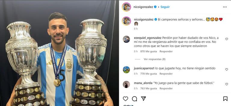 El posteo de Nicolás González tras la obtención de la Copa América