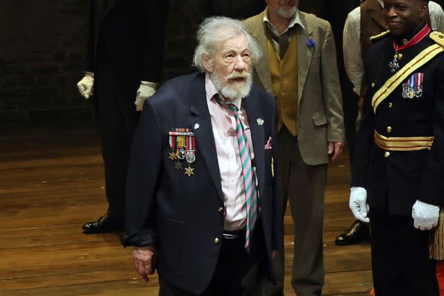 <p>Hoda Davaine/Dave Benett/Getty</p> Ian McKellen at the curtain call during a performance of 'Player Kings'