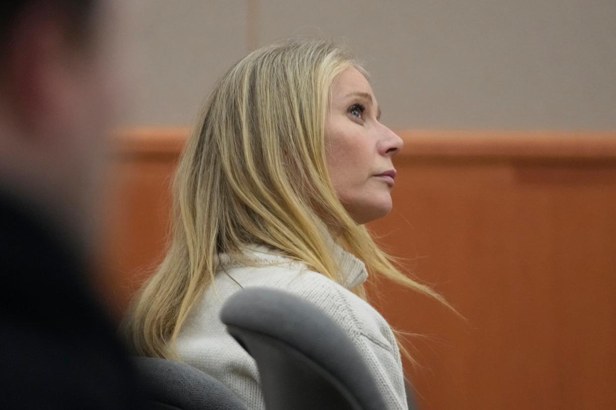 Actor Gwyneth Paltrow looks on as she sits in the courtroom on Tuesday, March 21, 2023, in Park City, Utah (AP)