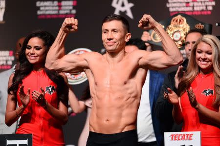 Sep 14, 2018; Las Vegas, NV, USA; Gennady Golovkin weighs in for a middleweight world title boxing match against Canelo Alvarez (not pictured) at T-Mobile Arena. Mandatory Credit: Joe Camporeale-USA TODAY Sports