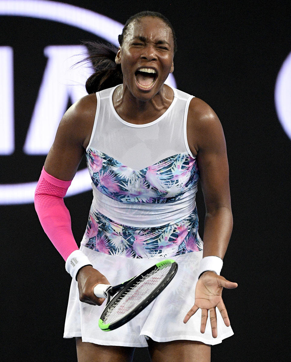 United States' Venus Williams reacts after winning a point against France's Alize Cornet during their second round match at the Australian Open tennis championships in Melbourne, Australia, Thursday, Jan. 17, 2019. (AP Photo/Andy Brownbill)