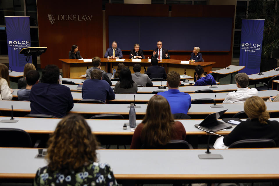 North Carolina Supreme Court Candidates speak during a panel discussion at the North Carolina Supreme Court Candidate Forum at Duke University Law School in Durham, N.C., Wednesday, Oct. 26, 2022. (AP Photo/Karl DeBlaker)