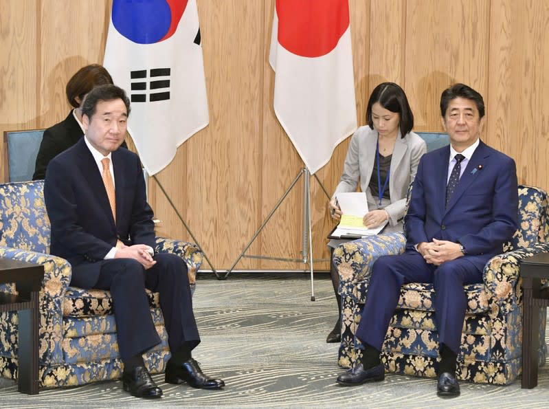 South Korea's Prime Minister Lee Nak-yon meets with Japan's Prime Minister Shinzo Abe at Abe's official residence in Tokyo