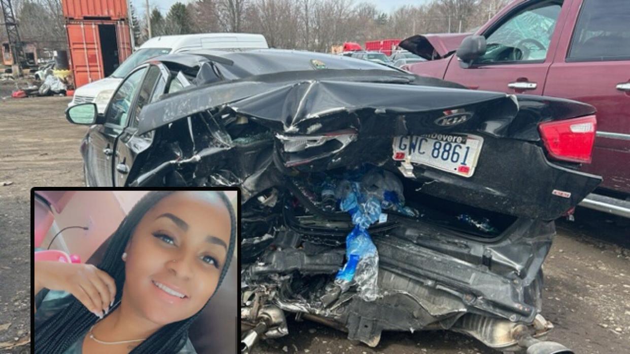 Inset: TaShanna Junius. Background: Her car after being struck by a suspected drunken driver.