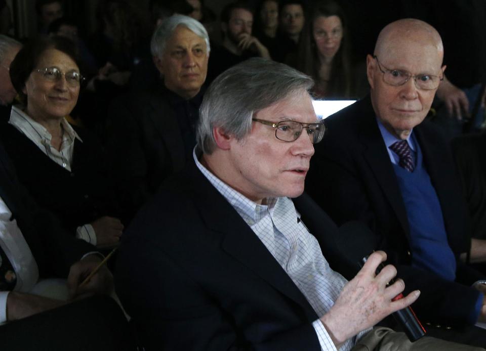 Physicist Alan Guth of the Massachusetts Institute of Technology asks a question during a news conference at the Harvard-Smithsonian Center for Astrophysics in Cambridge, Mass., Monday, March 17, 2014, after researchers gave a presentation about their new findings on the early expansion of the universe. Scientists say that the universe was born almost 14 billion years ago, exploding into existence in an event called the Big Bang. Now researchers say they’ve spotted evidence that a split-second later, the expansion of the cosmos got a powerful-jump start. Experts called the discovery a major advance if confirmed. (AP Photo/Elise Amendola)