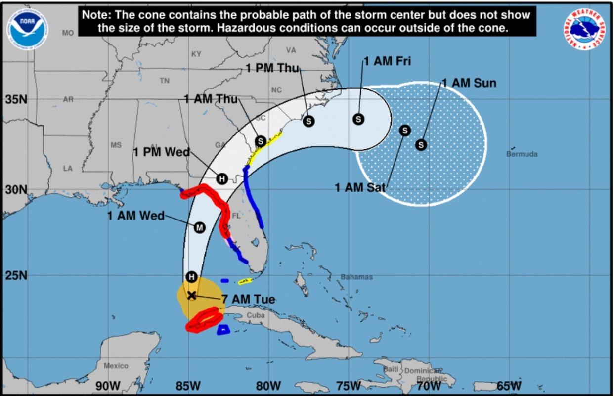 A projected path of Hurricane Idalia as of Tuesday, Aug. 29, 2023.