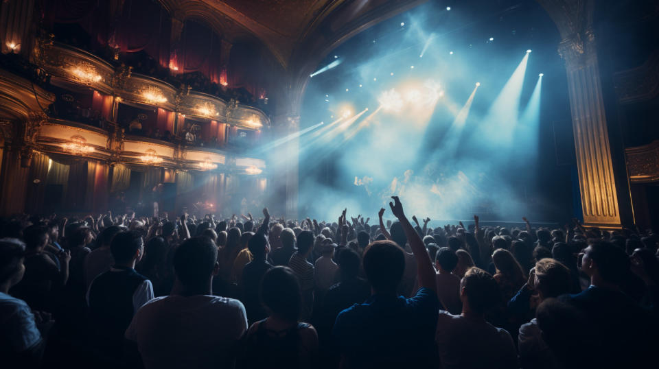 A crowded performance hall with an audience enjoying a captivating show.