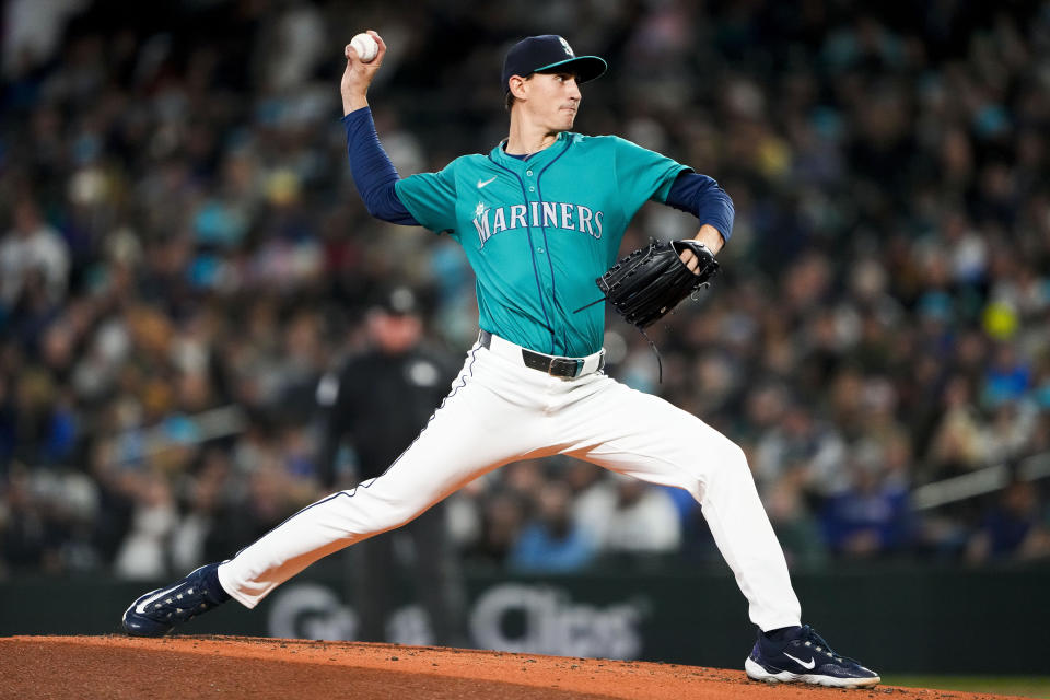 Seattle Mariners starting pitcher George Kirby throws against the Arizona Diamondbacks during the second inning of a baseball game Saturday, April 27, 2024, in Seattle. (AP Photo/Lindsey Wasson)