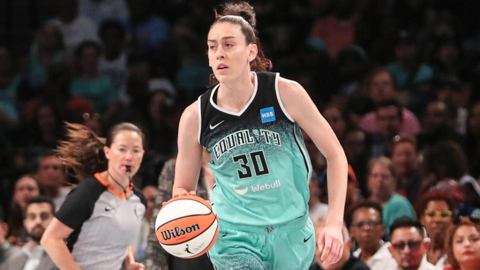 Aug 6, 2023; Brooklyn, New York, USA; New York Liberty forward Breanna Stewart (30) at Barclays Center.