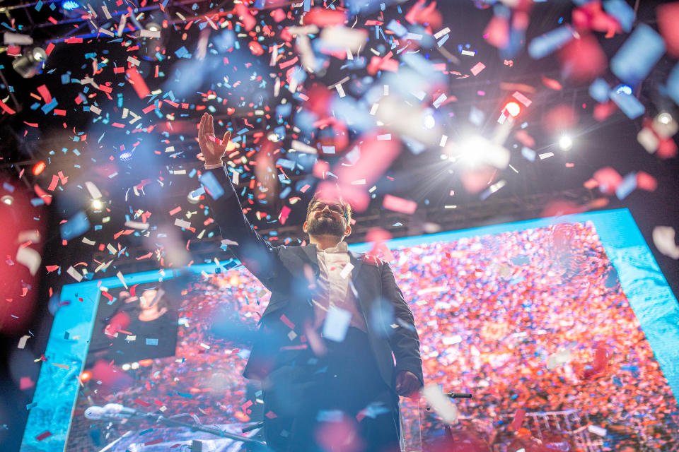 Boric celebrates his victory with supporters on election night on Dec. 19.<span class="copyright">Felipe Figueroa—SOPA Images/LightRocket/Getty Images</span>