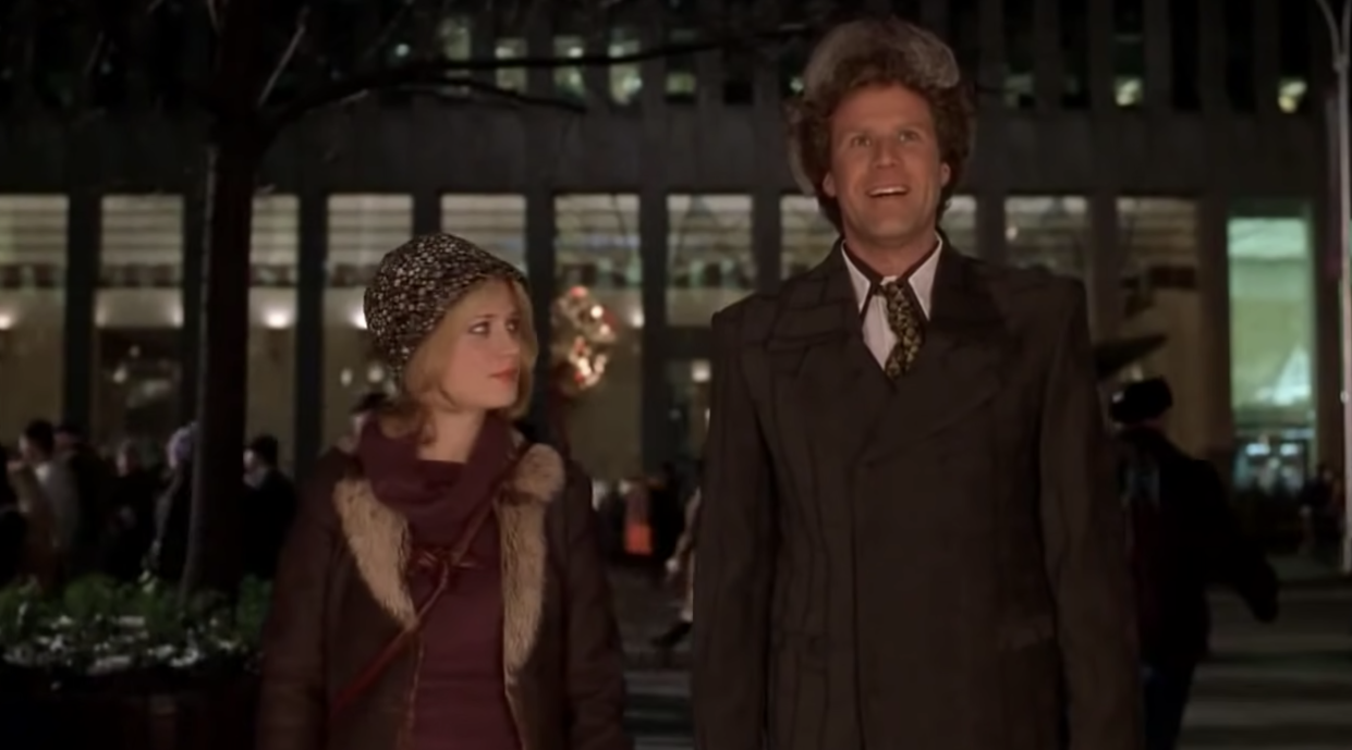 Will Ferrell's Buddy the Elf is wowed by the size of the Christmas tree in Rockefeller Center that Jovie, played by Zooey Deschanel, takes him to see in 