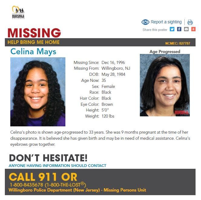 A poster from the National Center for Missing and Exploited Children shows a photo of Celina Mays from around the time she disappeared from Willingboro at age 11, as well as an age-progressed image.