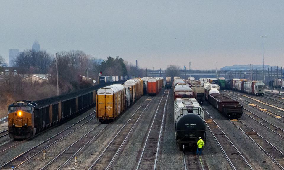 Various trains and railcars sit Wednesday, Feb. 22, 2023, at the CSX Avon Railyard in Avon, Indiana, just west of Indianapolis. 