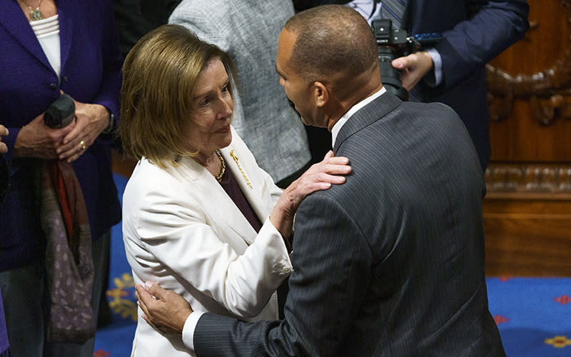 Speaker Nancy Pelosi (D-Calif.) embraces Rep. Hakeem Jeffries (D-N.Y.)