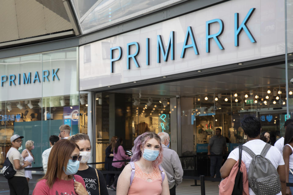 As the Coronavirus lockdown measures ease, the city centre starts to fill with people as they return to the shopping district and queue for fashion retailer Primark which opened it's doors for the first time on 15th June 2020 in Birmingham, England, United Kingdom. As of today the government has relaxed it's lockdown rules, and is allowing some non-essential shops to open with individual shops setting up 'social distancing' queueing systems. (photo by Mike Kemp/In PIctures via Getty Images)