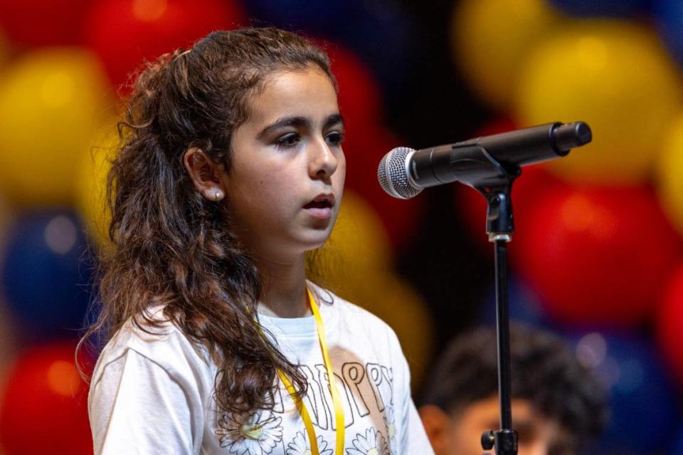 Fifth grader Jasmine Perez from Bayview Elementary School spells a word during the 5th round of the Miami Herald Broward County Spelling Bee at NSU Art Museum in Fort Lauderdale, Florida on Thursday, March 7, 2024. D.A. Varela/dvarela@miamiherald.com