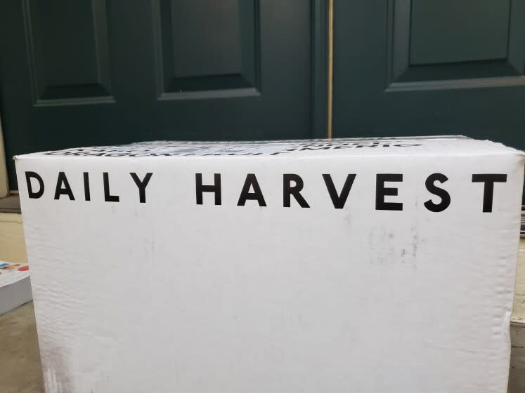 A Daily Harvest meal kit is visible in a white cardboard box on the front step of a home in Lafayette, California, October 14, 2021. Photo courtesy Sftm. (Photo by Gado/Getty Images)