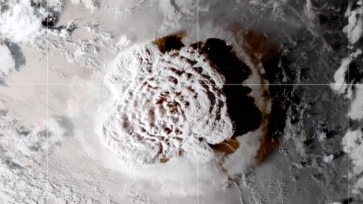  the tonga eruption, with a mushroom formation, seen from space  