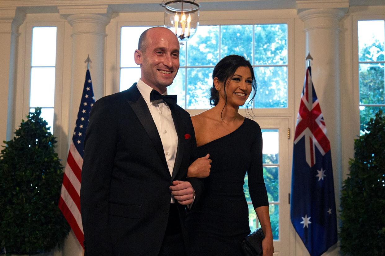 White House Senior Advisor Stephen Miller (L) and Katie Waldman arrive in the Booksellers area of the White House to attend an Official Visit with a State Dinner honoring Australian Prime Minister Scott Morrison, in Washington, DC, on September 20, 2019. (Photo by Alastair Pike / AFP) (Photo credit should read ALASTAIR PIKE/AFP via Getty Images): Getty Images