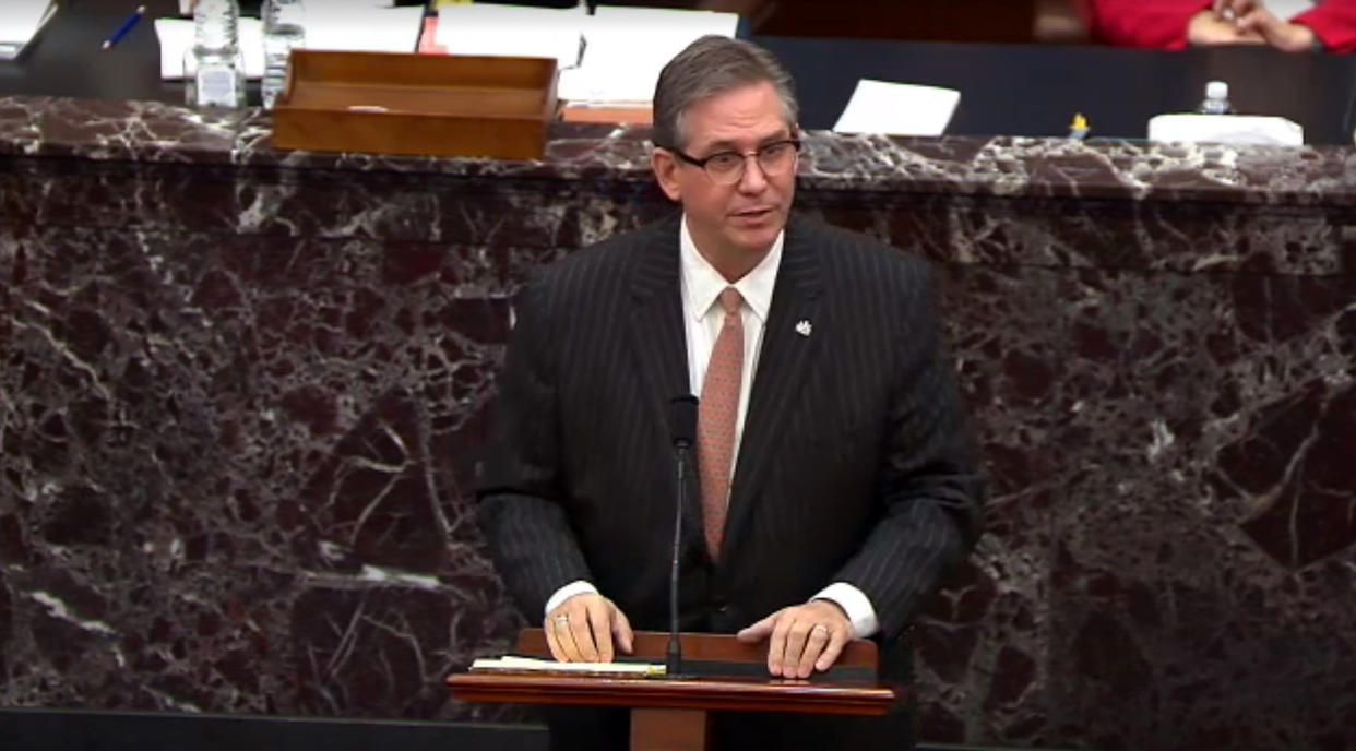 WASHINGTON, DC - FEBRUARY 9: In this screenshot taken from a congress.gov webcast,  Bruce Castor Jr. defense lawyer for former President Donald Trump speaks on the first day of former President Donald Trump's second impeachment trial at the U.S. Capitol on February 9, 2021 in Washington, DC. House impeachment managers will make the case that Trump was “singularly responsible” for the January 6th attack at the U.S. Capitol and he should  be convicted and barred from ever holding public office again. (Photo by congress.gov via Getty Images)