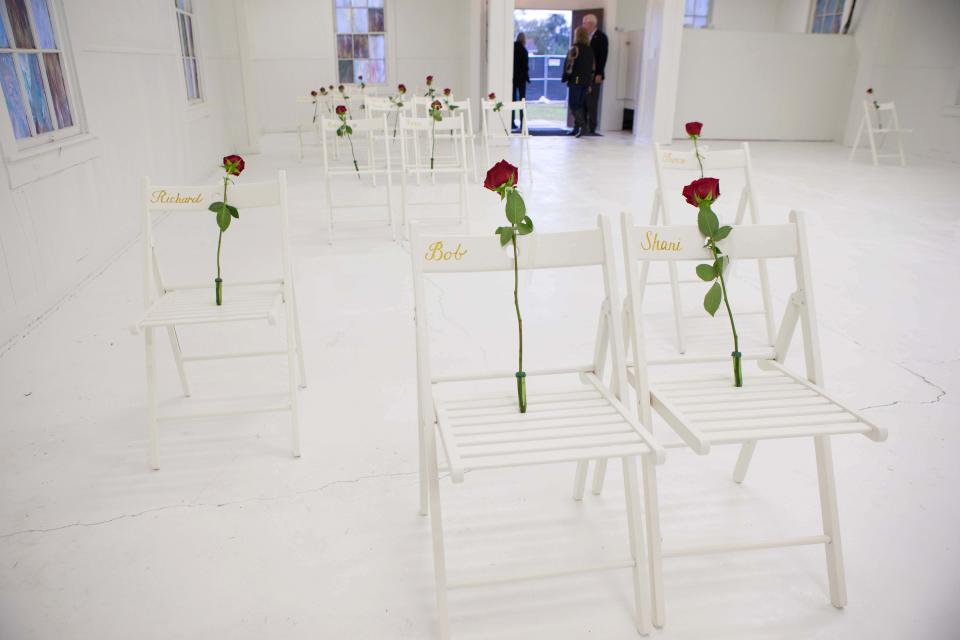 Chairs with roses mark where victims where found in the sanctuary of First Baptist Church in Sutherland Springs. A memorial was created in the sanctuary of the church and opened to the public on Nov. 5, 2017, one week after the attack.