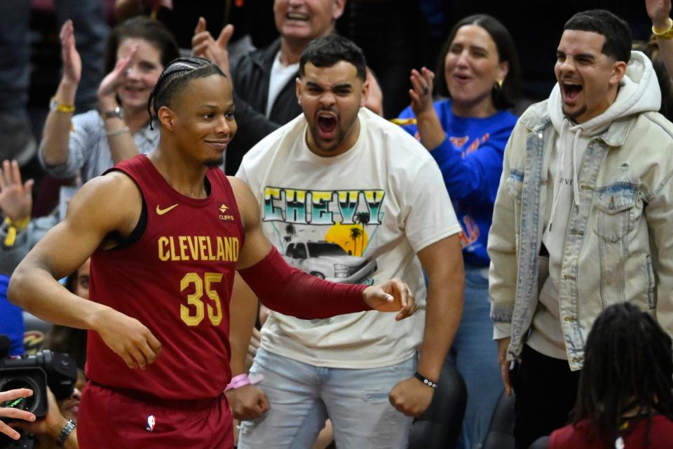 Apr 12, 2024; Cleveland, Ohio, USA; Cleveland Cavaliers forward Isaac Okoro (35) reacts after scoring in the fourth quarter against the Indiana Pacers at Rocket Mortgage FieldHouse. Mandatory Credit: David Richard-USA TODAY Sports