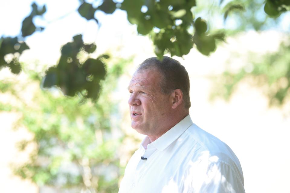 Knox County Mayor Glenn Jacobs speaks to the media on Election Day in Knox County outside Farragut High School, Thursday, Aug. 4, 2022.