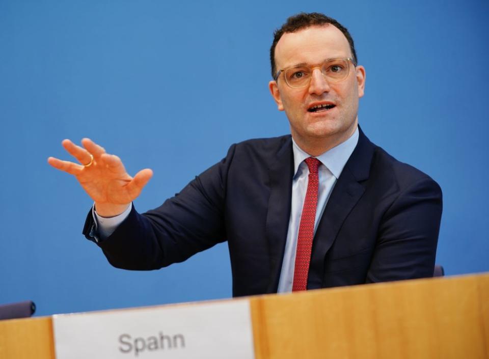 05 March 2021, Berlin: Jens Spahn (CDU), Federal Minister of Health, speaks and gestures at a press conference on Corona vaccinations. Photo: Michael Kappeler/dpa (Photo by Michael Kappeler/picture alliance via Getty Images)