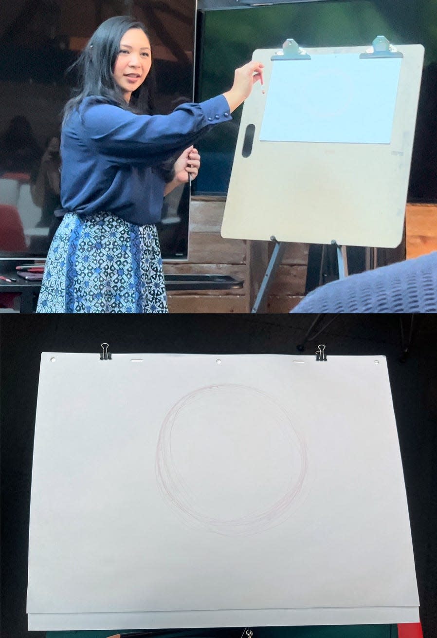 Disney visual development artis Griselda Sastrawinata-Lemay draws a circle standing up. Underneath, a drawing of a circle by Kirsten Acuna.