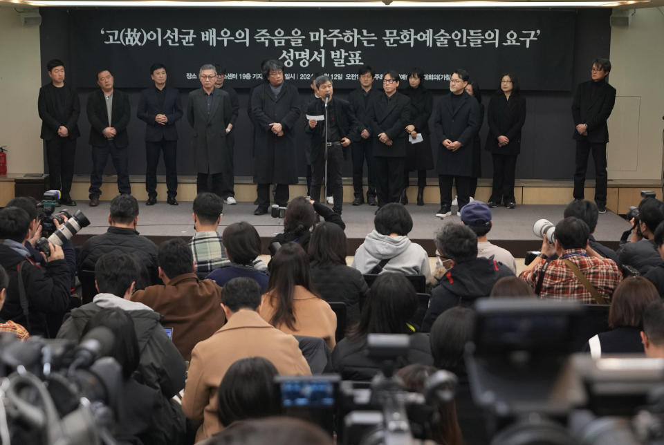 A group of South Korean entertainment insiders hold a press conference demanding an investigation into the case for the death of the late actor Lee Sun-kyun in Seoul, South Korea, Friday, Jan. 12, 2024. Lee, a popular South Korean actor best known for his role in the Oscar-winning movie "Parasite," was found dead in a car in Seoul on Dec. 27, 2023, authorities said, after weeks of an intense police investigation into his alleged drug use. (AP Photo/Ahn Young-joon)