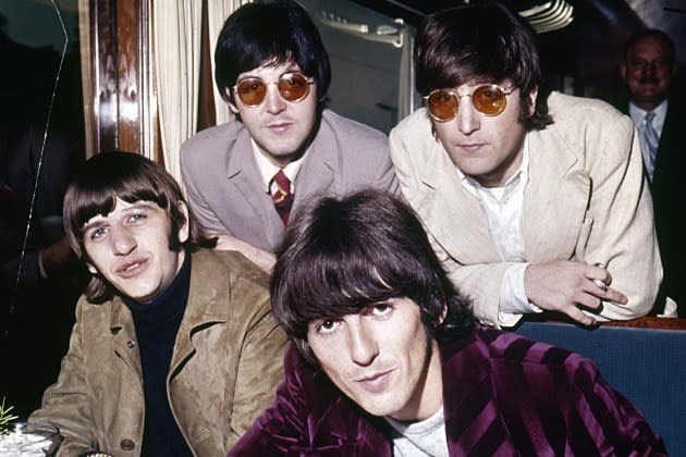 The Beatles, English music group Pop (1962-1970). Standing : Paul MacCartney and John Lennon (1940-1980). Seat : Ringo Starr and George Harrison (1943-2000). August 1966.   - Credit: Roger Viollet Collection/Getty Images