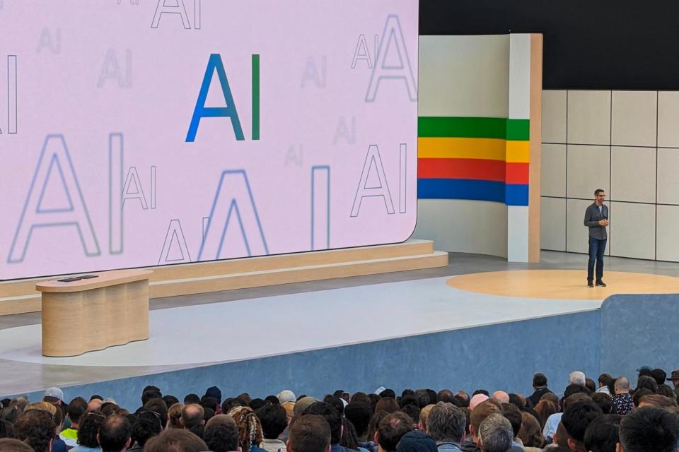 PHOTO: Google CEO Sundar Pichai speaks at the tech giant's annual I/O developers conference on May 14, 2024 in Mountain View, California.  (Glenn Chapman/AFP via Getty Images, FILE)