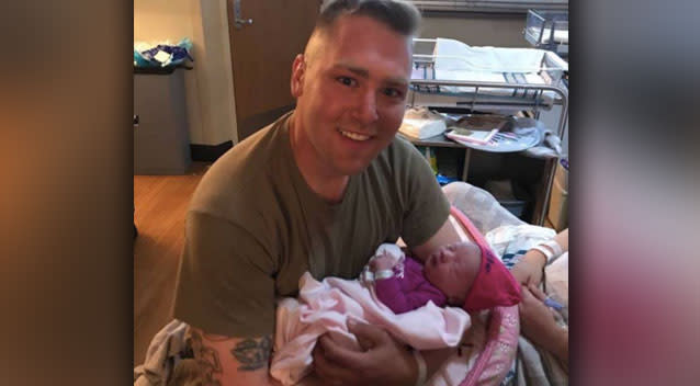 He eventually managed to make it to his wife’s bedside and meet newborn Millie. Source: Twitter/ MS National Guard