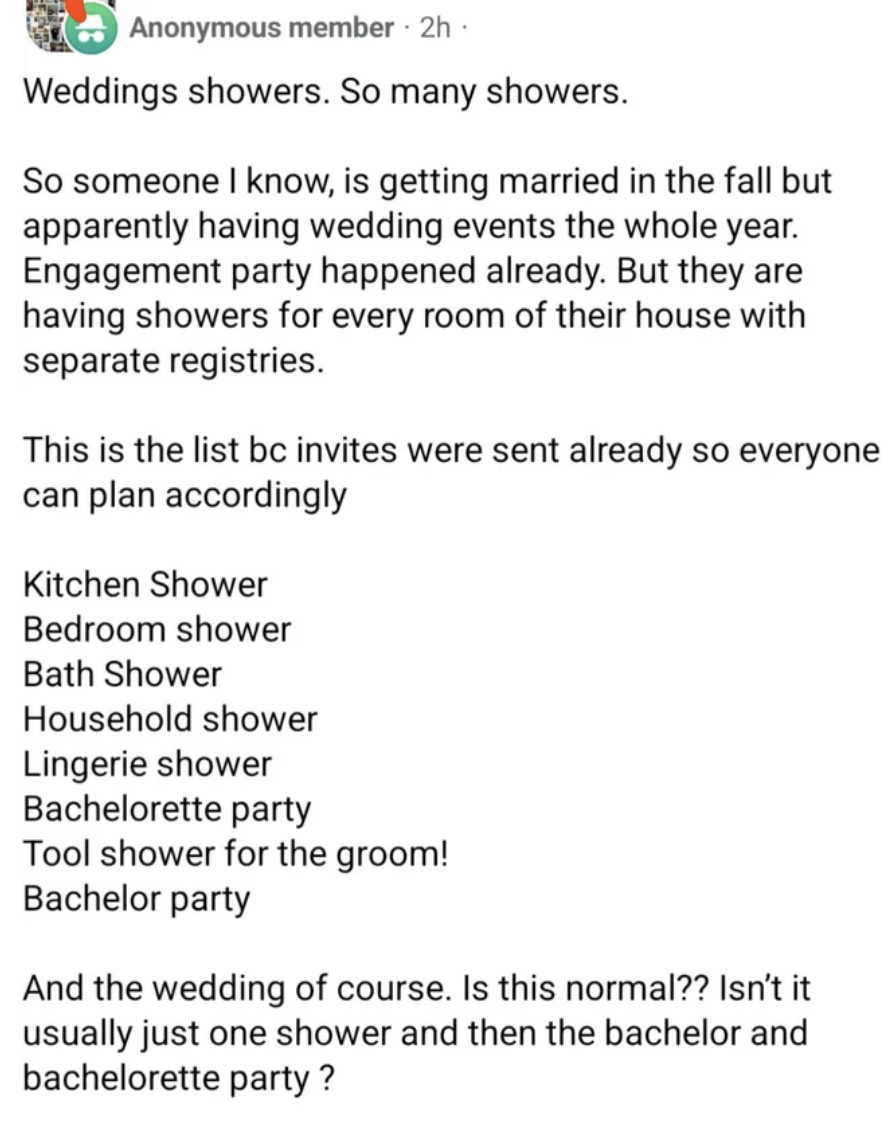 Summarized text content: A list of wedding-related events questioning if it's normal to have many separate parties for an engagement, including various types of showers and a bachelorette party