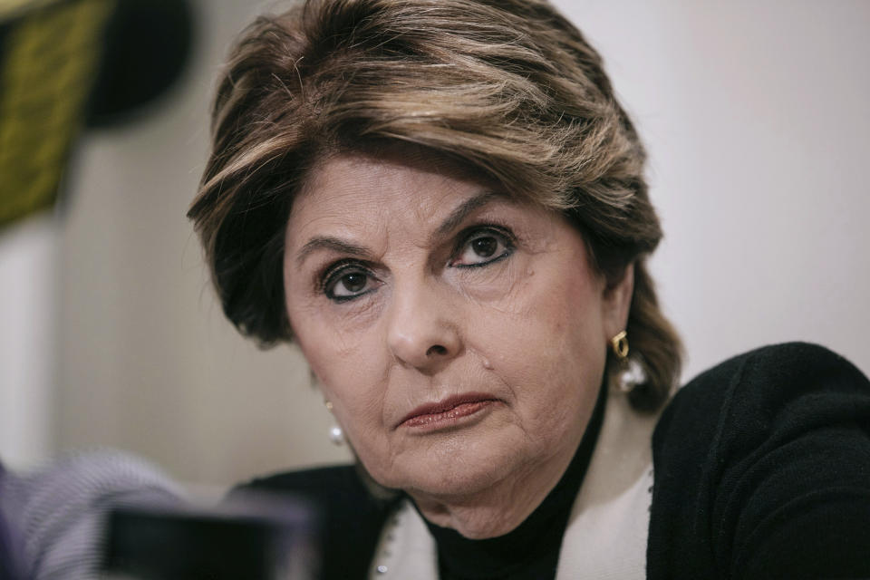 FILE- In this March 10, 2019 file photo, attorney Gloria Allred takes questions during a press conference in New York announcing a video tape said to present further evidence of wrongdoing by recording artist R. Kelly. Allred is among 10 people who will be inducted into the National Women's Hall of Fame during a ceremony on Saturday, Sept. 14, 2019. (AP Photo/Kevin Hagen, File)