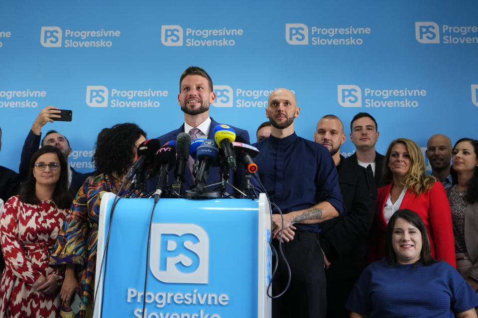 Leader of Progressive Slovakia party Michal Simecka acknowledges preliminary results of an early parliamentary election during a press conference in Bratislava, Slovakia, Sunday, Oct. 1, 2023. (AP Photo/Petr David Josek)
