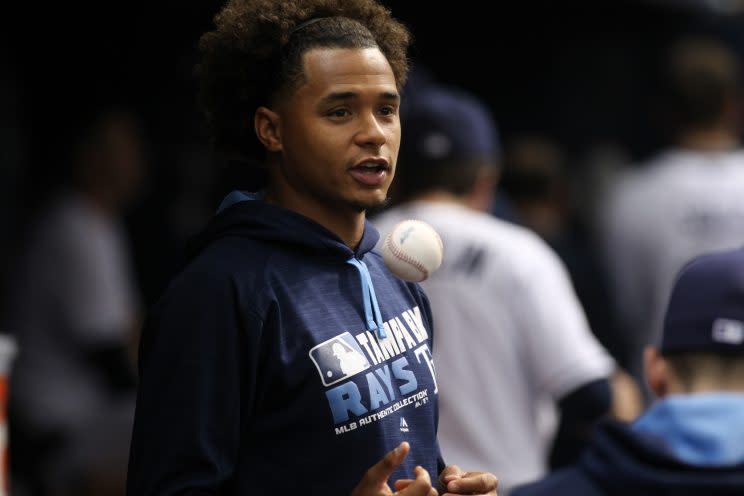 Chris Archer had some trouble with his hoodie Tuesday. (Getty Images/Brian Blanco)