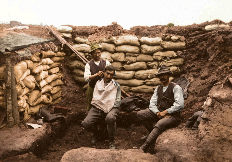 <p>A soldier receives a haircut from an Alpine barber on the Albanian front. (Tom Marshall/mediadrumworld.com) </p>