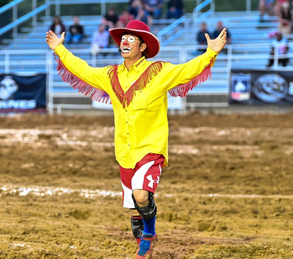 John Harrison is the clown, featured act and barrelman for this weekend's SLE Rodeo in Montgomery.