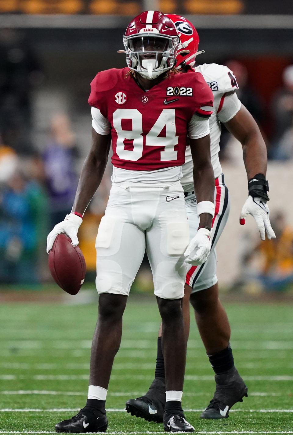 Jan 10, 2022; Indianapolis, IN, USA; Alabama wide receiver Agiye Hall (84) after a big gain against Georgia during the 2022 CFP college football national championship game at Lucas Oil Stadium. Mandatory Credit: Gary Cosby Jr.-USA TODAY Sports