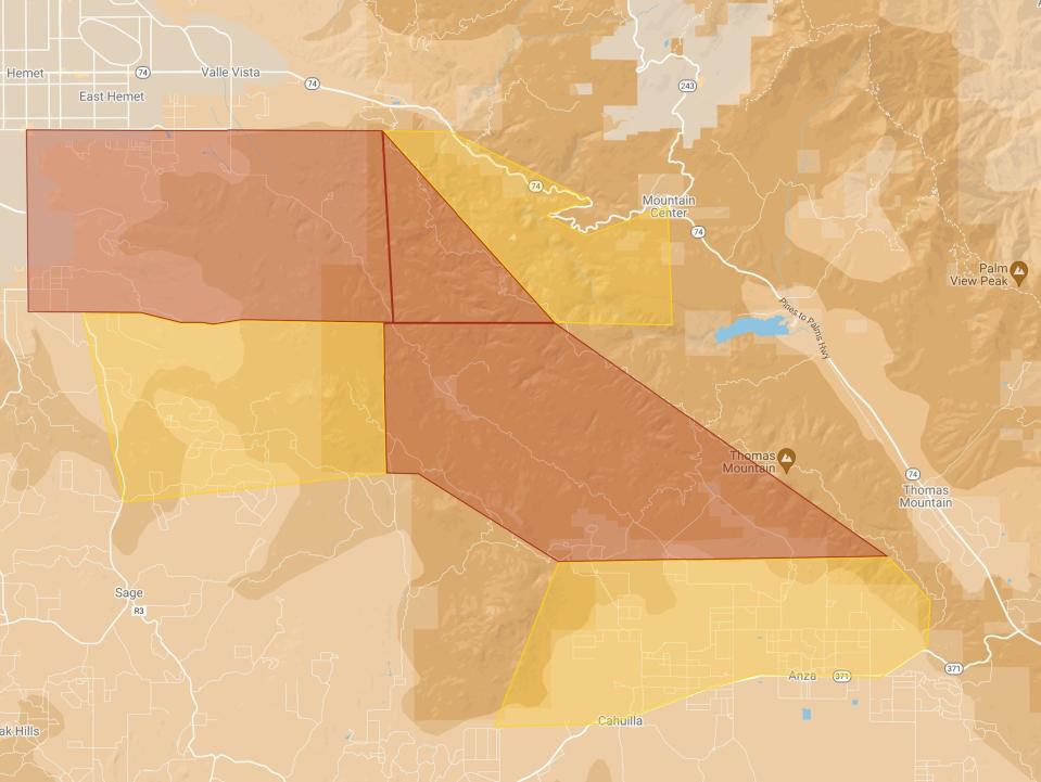 A map showing the current areas covered by evacuation orders (in red) and evacuation watches (in yellow) for the Fairview Fire burning near Hemet. The map is accurate as of 9:30 a.m. on Wednesday, Sept. 7, 2022.