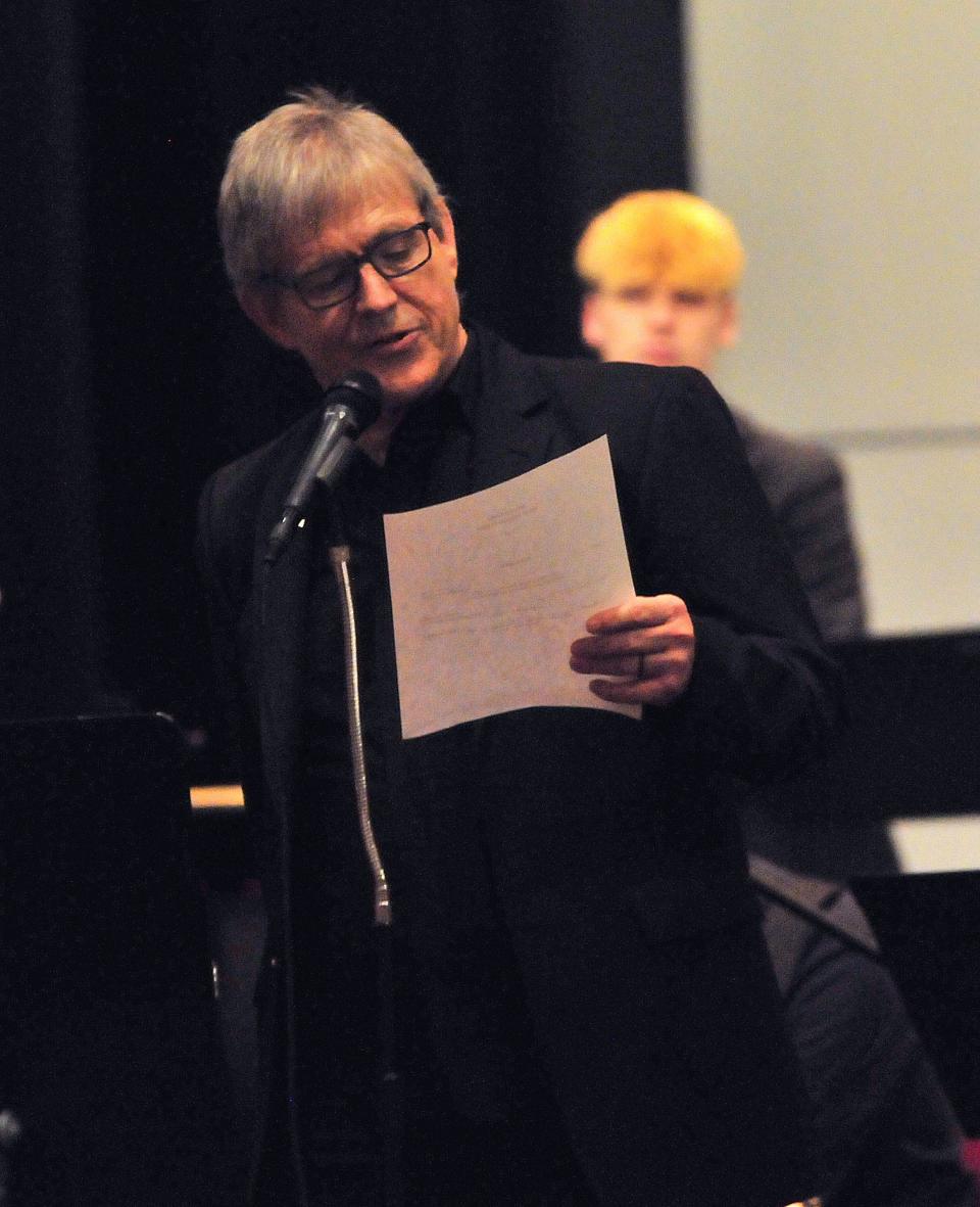 Scott Garlock, director of the Ashland University Jazz Orchestra and professor of music, introduces Jazz Band B from Ashland High School during the Maplerock Jazz Festival Friday, March 17, 2023 at Ashland University’s Hugo Young Theatre.